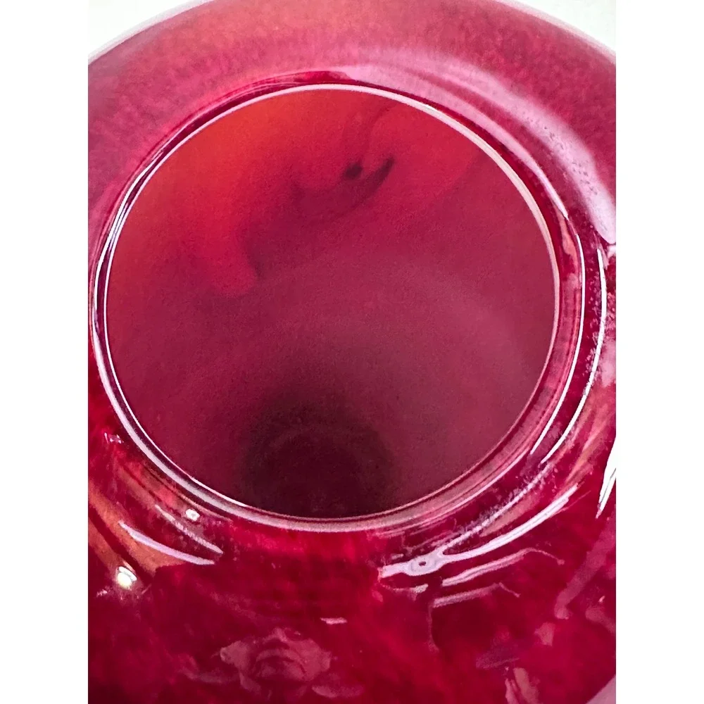 Red Art Glass Bulbus Vase Black Swirls Pontil Finish Tall Wide‎
